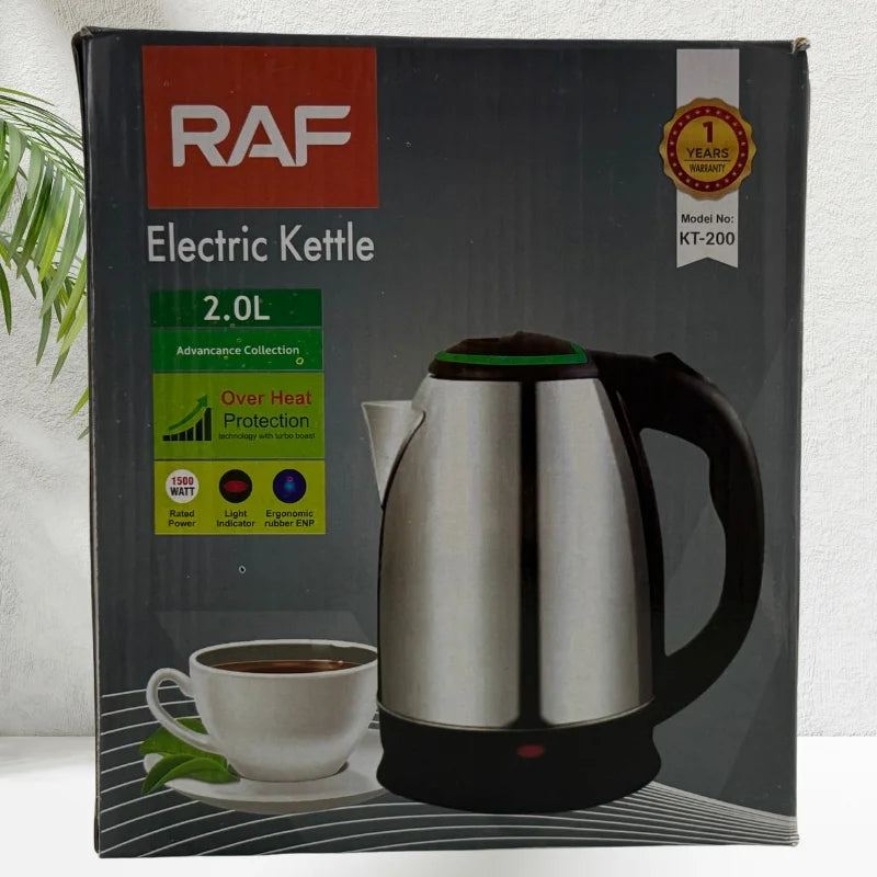 RAF KT-200 Automatic Electric Kettle 2 Liter Stainless Steel Cordless 1500W with Overheat Protection
