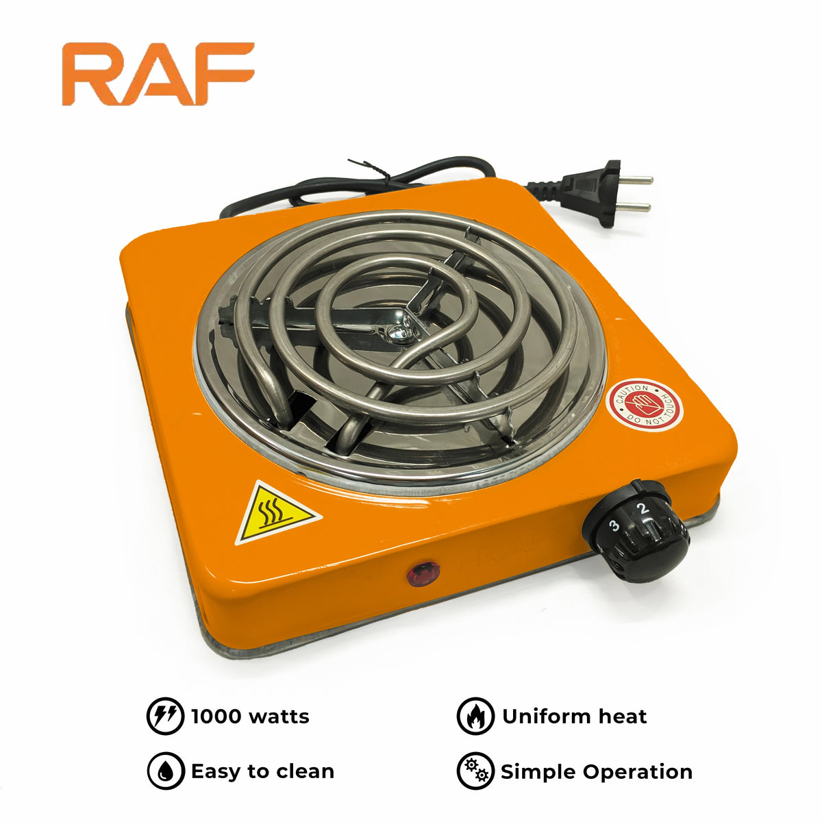 Orange RAF R.8010B Electric Stove Hot Plate and Cooker with 1000W Power, Thermostat, and Uniform Heating
