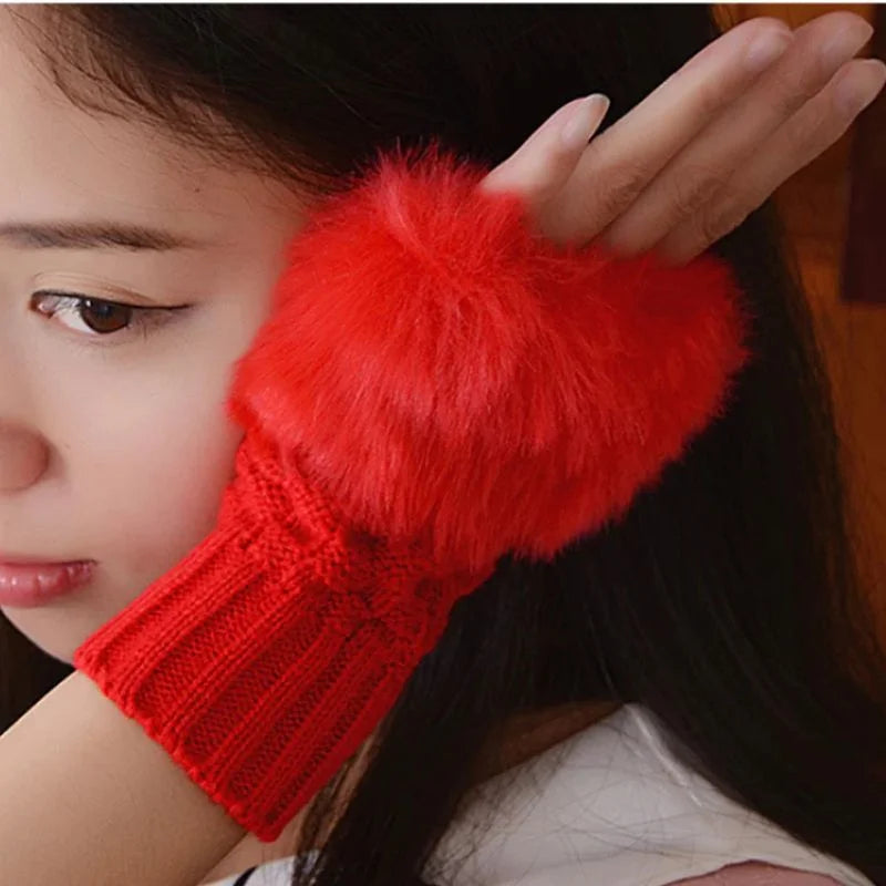 Women’s Faux Fur Fingerless Knitted Gloves | Warm Winter Hand Wrist Warmers | Soft, Stylish & Comfortable | Red