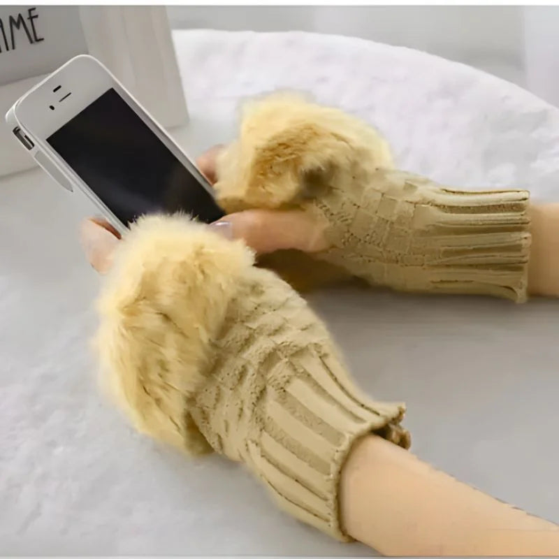 Women’s Faux Fur Fingerless Knitted Gloves | Warm Winter Hand Wrist Warmers | Soft, Stylish & Comfortable | Beige