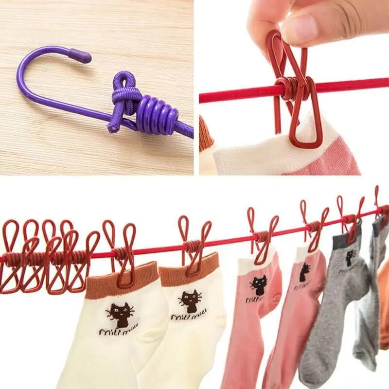 Portable Drying Rope with 12 Clips & 2 Hooks | Travel Clothesline for Indoor & Outdoor Use
