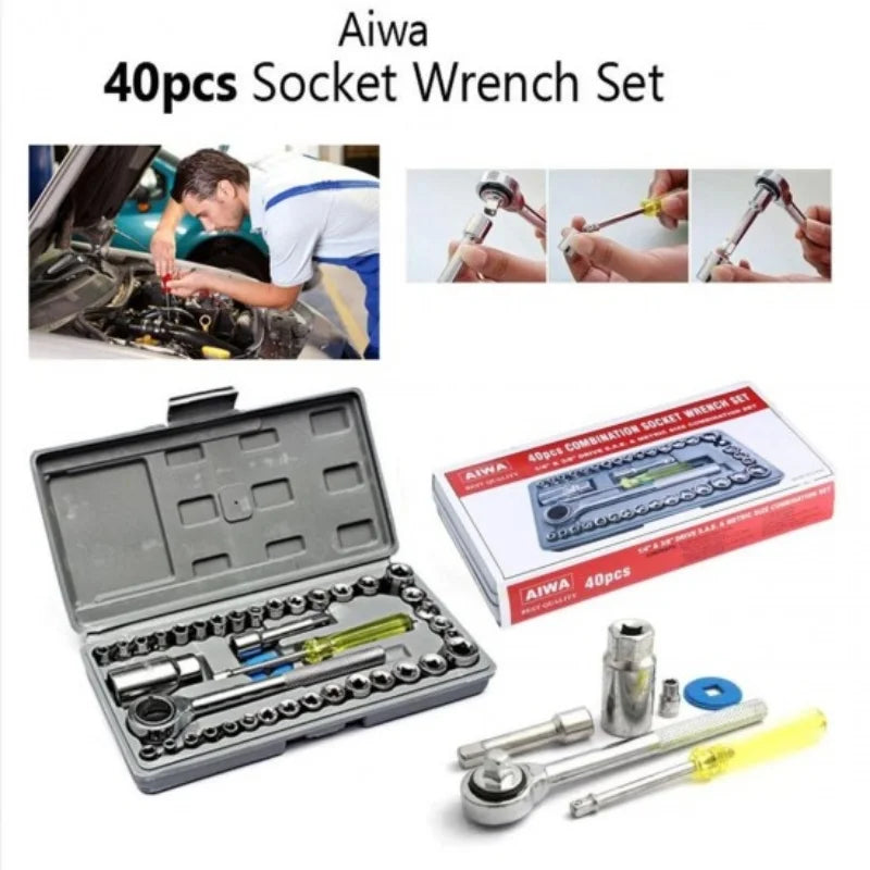 40pcs Aiwa Socket Wrench Tool Kit | Durable Stainless Steel Multi-Purpose Repair Set