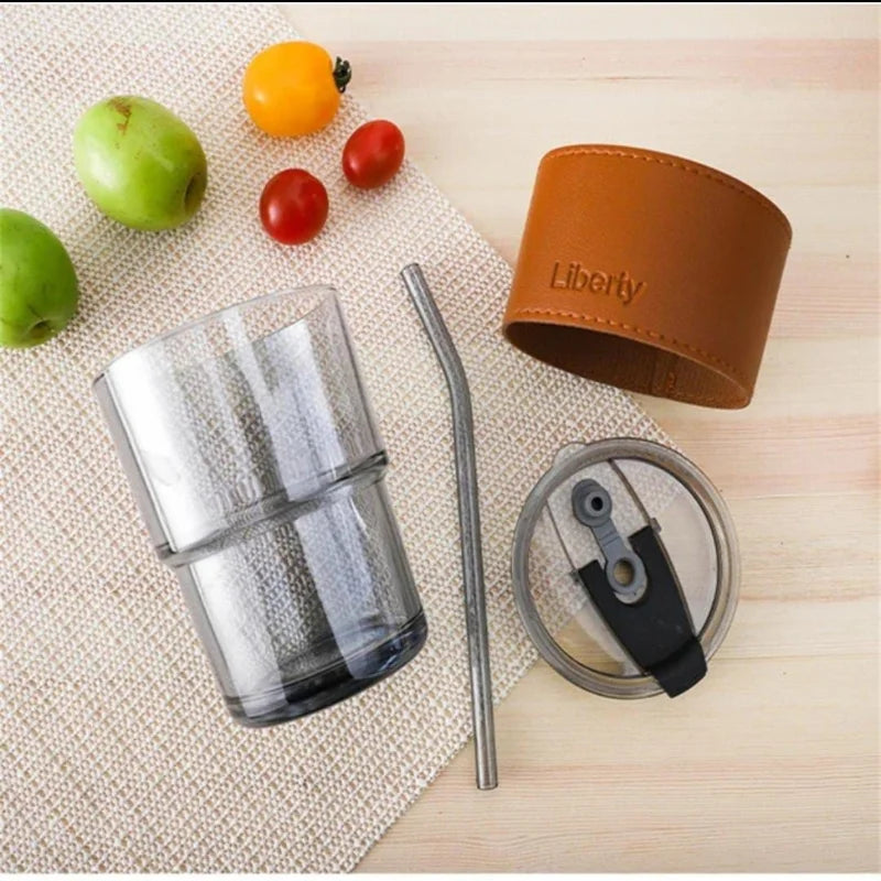 Bamboo Joint Glass Cup with Lid & Straw | 13oz Can-Shaped Tumbler with Leather Sleeve