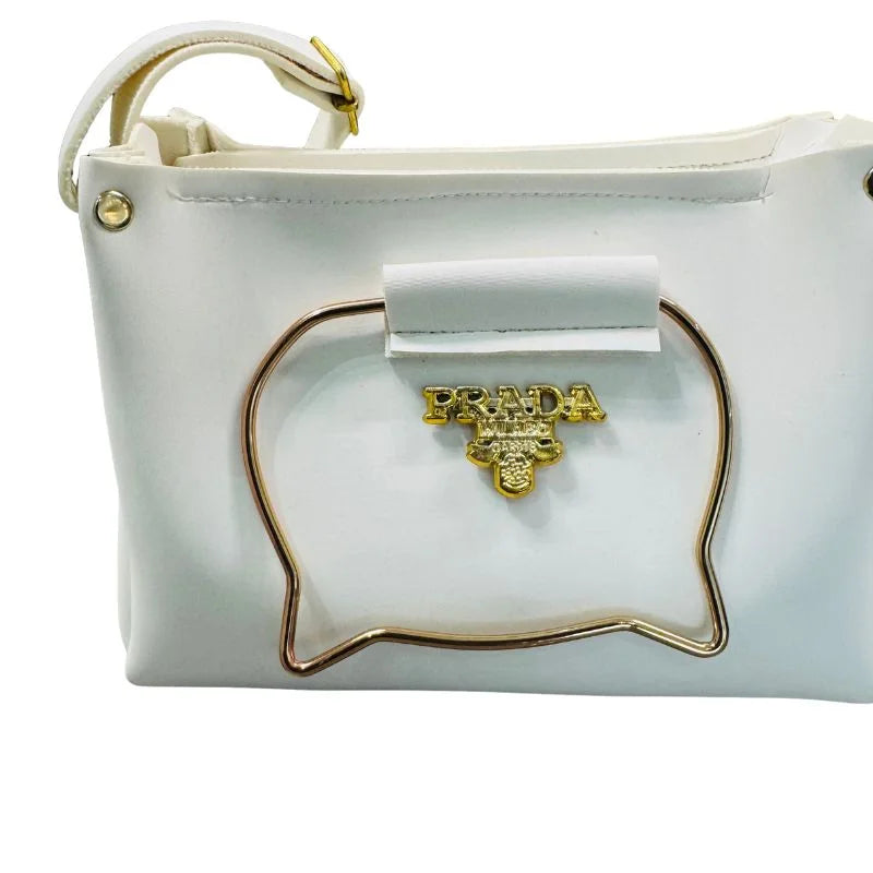 White Elegant Cat Handle Handbag for Girls & Ladies | Stylish Shoulder & Crossbody Bag with Gold Accents | Adjustable Strap