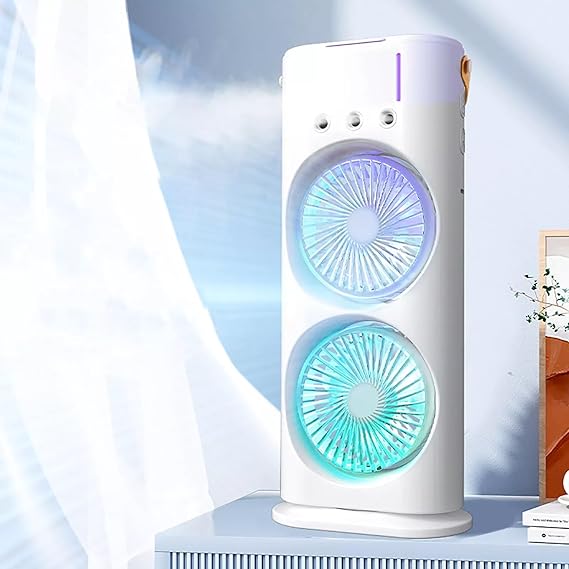 Mini Double Head Mist Fan with LED Light & Humidifier | Portable USB Air Cooler for Home Office Travel
