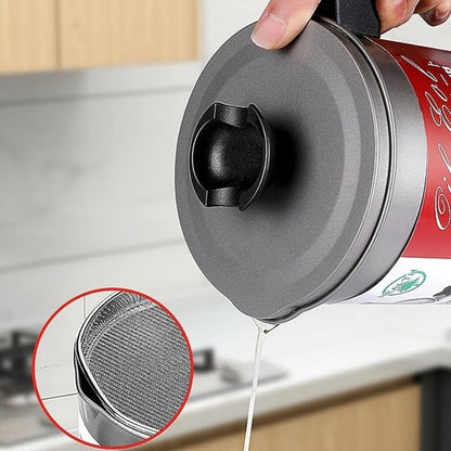 1.4L Fryer Oil Filter Pot Carbon Steel Jug with Stainless Steel Strainer Lid