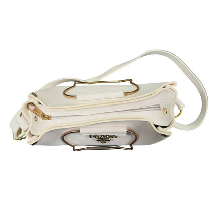 White Elegant Cat Handle Handbag for Girls & Ladies | Stylish Shoulder & Crossbody Bag with Gold Accents | Adjustable Strap