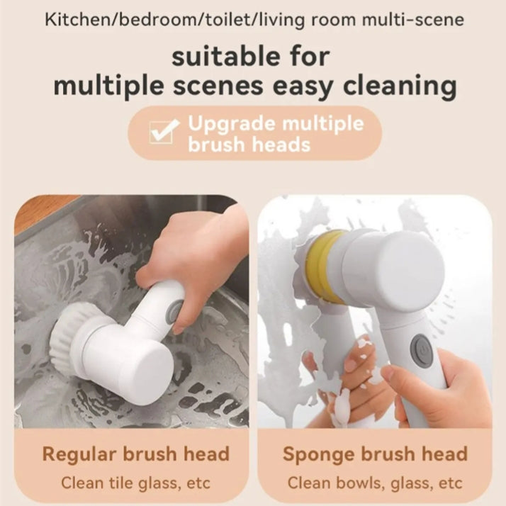 5-in-1 Rechargeable Magic Brush | Handheld Electric Scrubber | 360° Rotating with 3 Replaceable Multipurpose Brush Heads