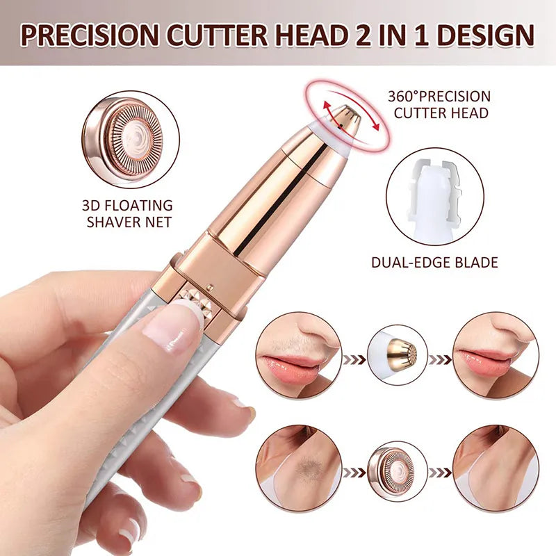 2-in-1 Flawless Facial Hair Remover & Eyebrow Trimmer | USB Rechargeable, Painless & Portable | White