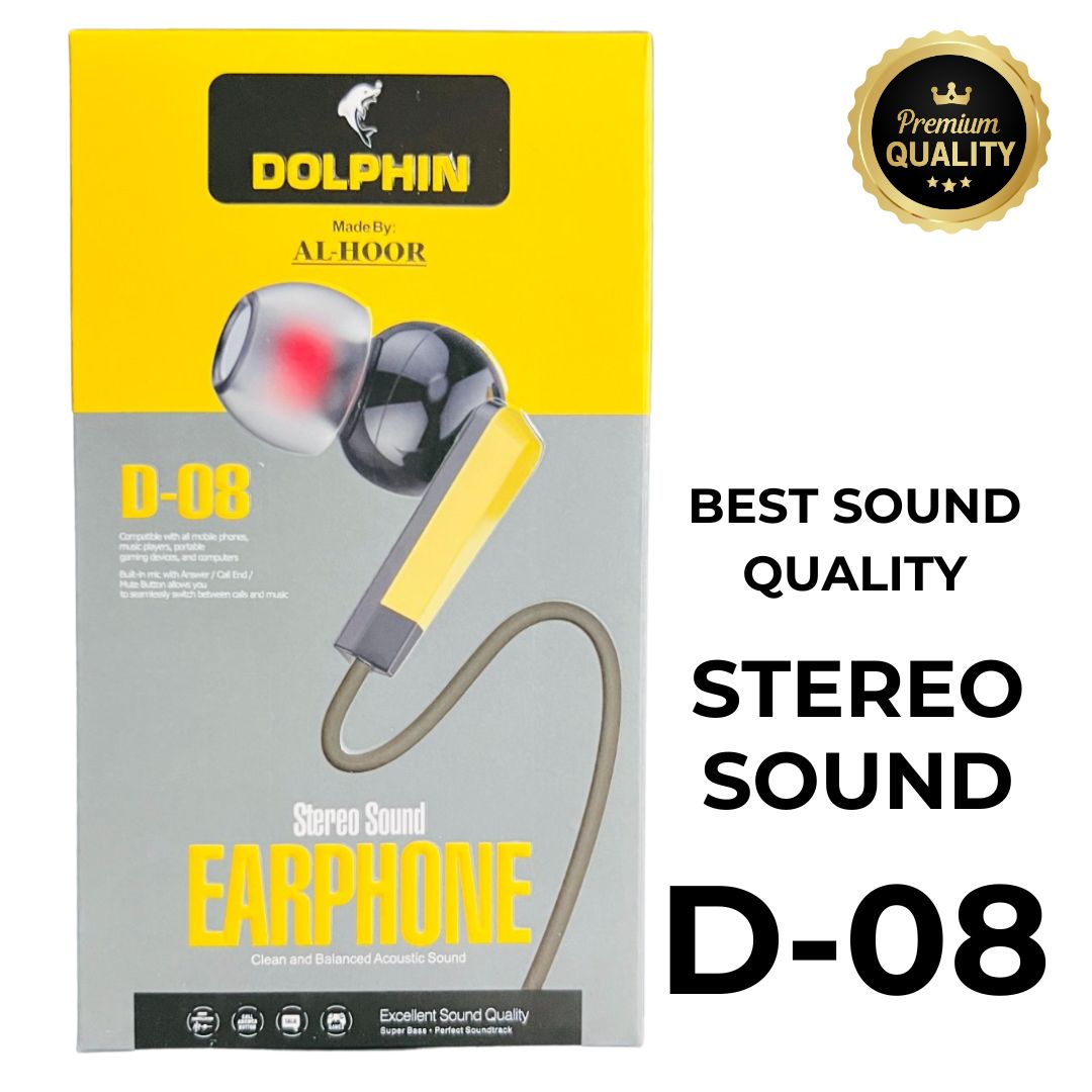 Dolphin D-08 Handsfree | Stereo Sound Earphones | Noise-Cancellation with Mic & Inline Controls