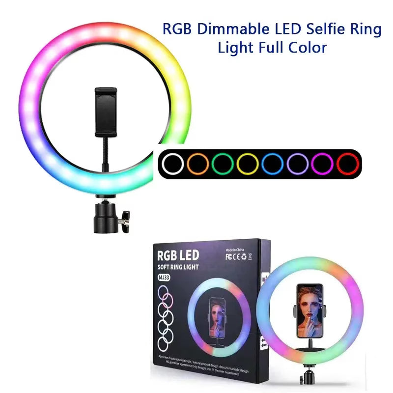 MJ26 RGB LED Ring Light 26cm with Tripod, Phone Holder & 360° Color Modes