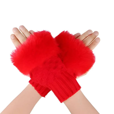 Women’s Faux Fur Fingerless Knitted Gloves | Warm Winter Hand Wrist Warmers | Soft, Stylish & Comfortable | Red