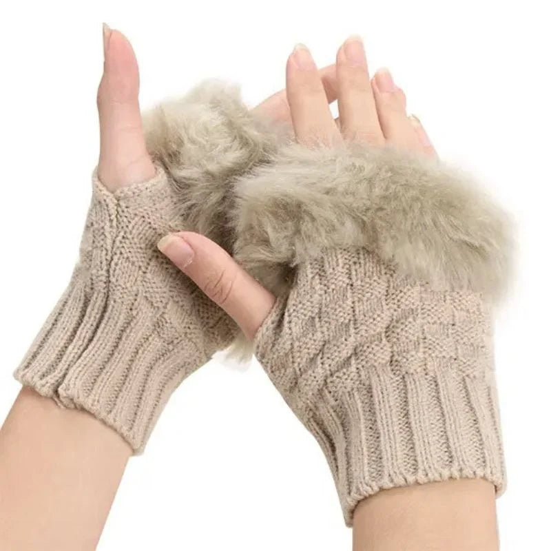 Women’s Faux Fur Fingerless Knitted Gloves | Warm Winter Hand Wrist Warmers | Soft, Stylish & Comfortable | Beige