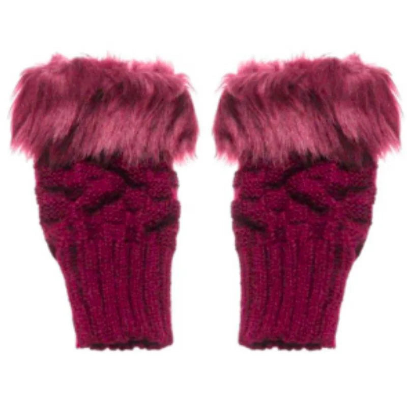 Women’s Faux Fur Fingerless Knitted Gloves | Warm Winter Hand Wrist Warmers | Soft, Stylish & Comfortable | Maroon