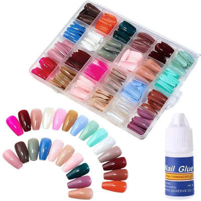 Multicolor Acrylic Artificial Nails Kit |  Full Cover Nails with Glue | 24 Shades | 576 Pcs