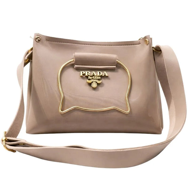 Beige Elegant Cat Handle Handbag for Girls & Ladies | Stylish Shoulder & Crossbody Bag with Gold Accents | Adjustable Strap