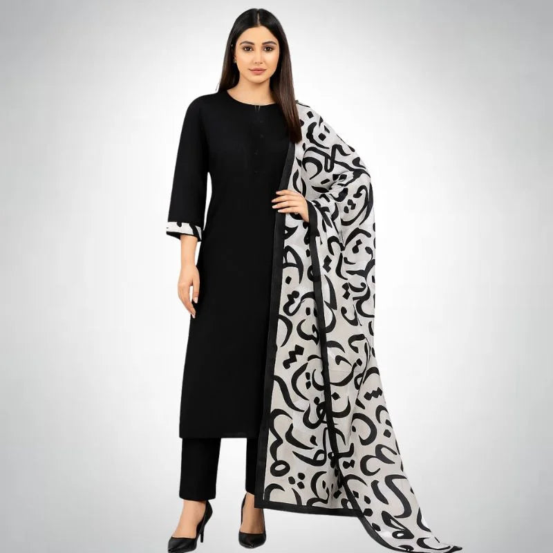 Katan Silk 3-Piece Suit for Women | Unstitched Plain Shirt & Trouser with Heavy Winter Silk Shawl