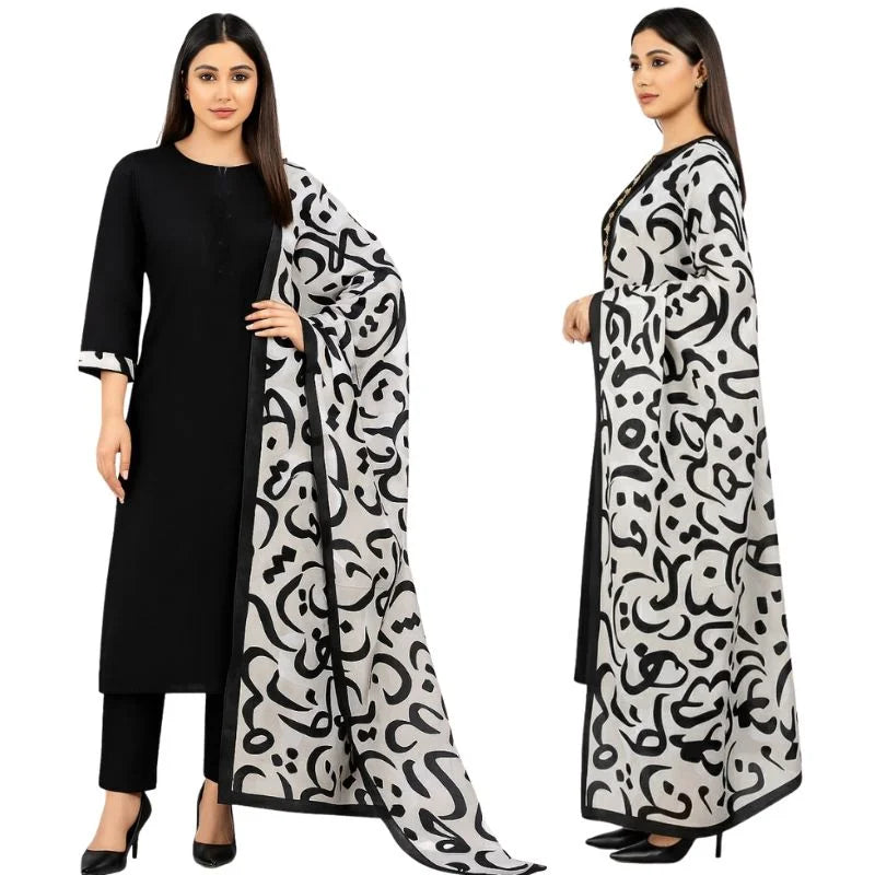 Katan Silk 3-Piece Suit for Women | Unstitched Plain Shirt & Trouser with Heavy Winter Silk Shawl