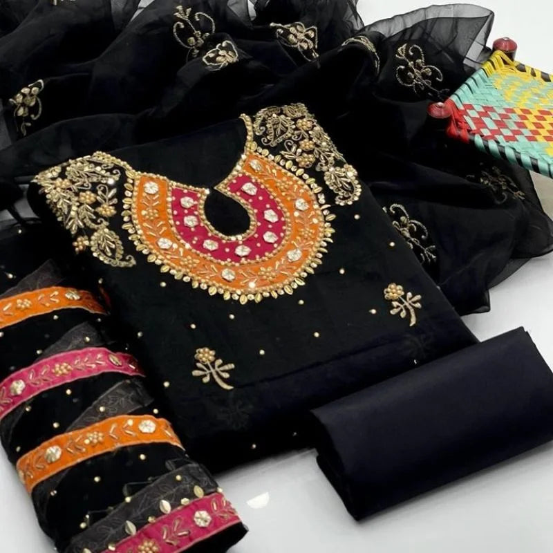 Organza 3-Piece Suit for Women | Unstitched  Handmade Aari Zari & Beads Work