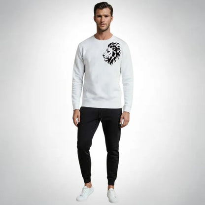 LION Printed White Tracksuit Sweatshirt & Trouser  | Warm & Comfortable Winter Wear | Medium