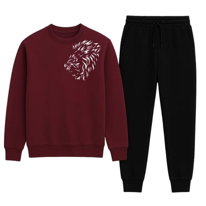 LION Printed Maroon  Tracksuit Sweatshirt & Trouser  | Warm & Comfortable Winter Wear | Large