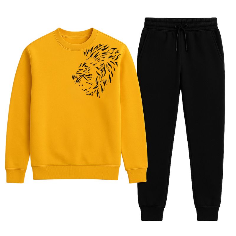 LION Printed Yellow  Tracksuit Sweatshirt & Trouser  | Warm & Comfortable Winter Wear | Medium