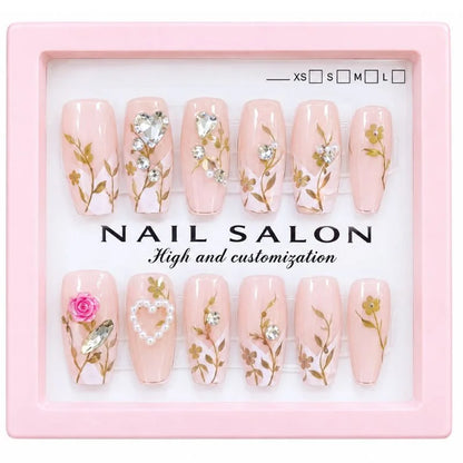 12 Pcs Press On Nails Set With Floral Design & Rhinestone Decoration | Reusable False Nails With Nail Prep Kit