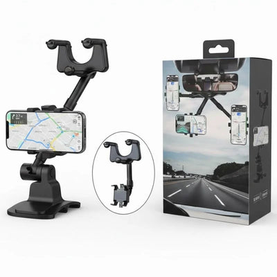 360° Rotatable & Retractable Rearview Mirror Phone Holder | Safe & Convenient Driving Mount