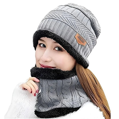 Winter Wool Cap with Neck Warmer Set | Thermal Beanie & Scarf Combo for Men and Women |  Gray