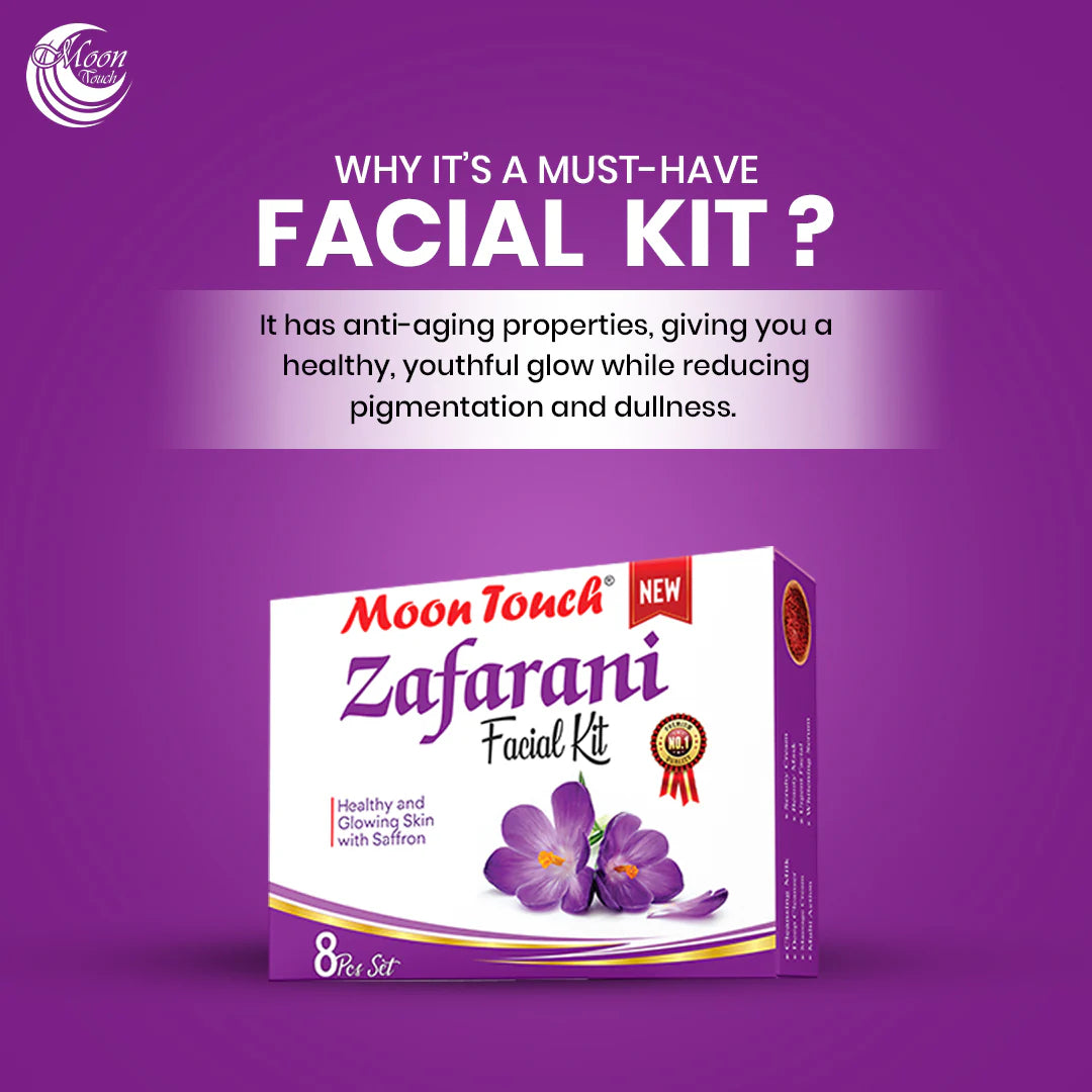 Moon Touch New Zafrani Facial Kit | Saffron Brightening Herbal Facial Set for Glowing Skin (8 Pcs)