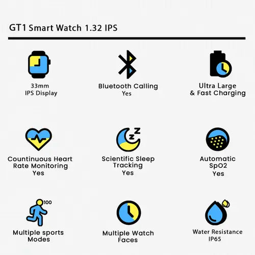 GT1 Smartwatch | Bluetooth Calling | Full Touch Display | Android & iOS Compatible