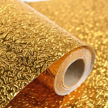 Golden Foil Kitchen Wallpaper Sticker | 60×200cm | Peel & Stick Aluminum Foil Wall Covering | Oil-Proof, Waterproof & Heat-Resistant Decor