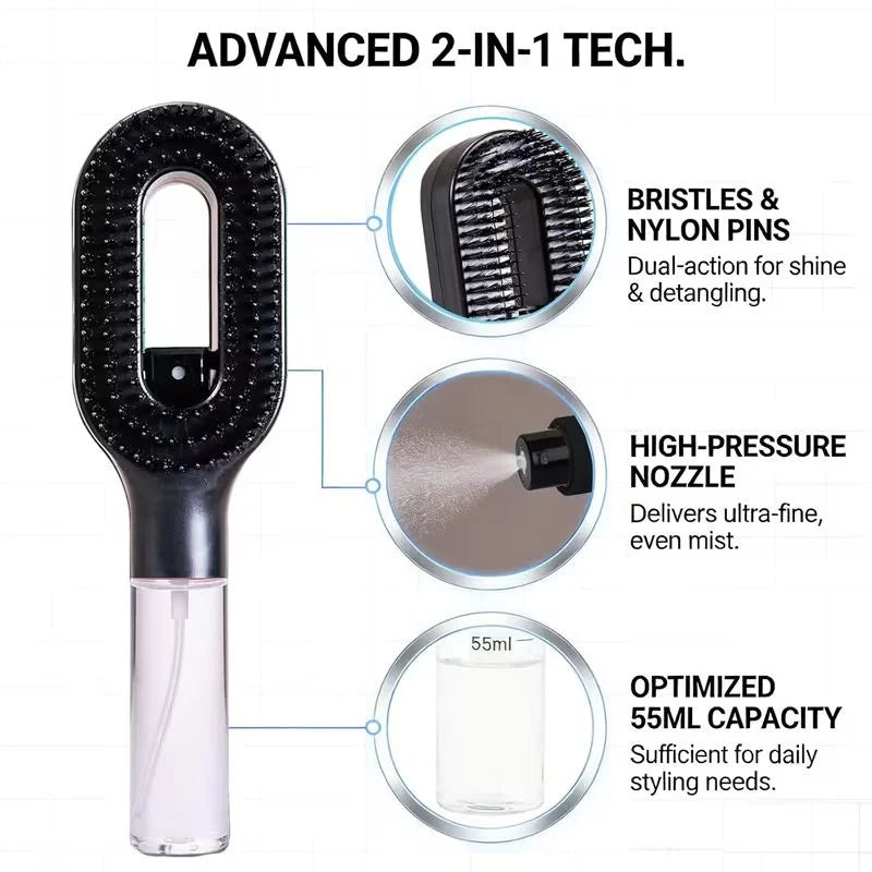 2-in-1 Misting Hair Brush with Water Spray Bottle | Fine Mist Detangling Brush for Curly, Wavy & Straight Hair | Wet & Dry Styling Brush | Portable Anti-Frizz Hair Comb